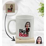 BK Kişiye Özel Kadın Big Boss Karikatürlü Beyaz Kupa Bardak ve Ahşap Bardak Altlığı Hediye Seti - Model 2