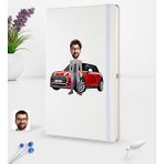 BK Kişiye Özel Plakalı Erkek Mini Cooper Karikatürlü Beyaz Termo Deri Defter 16X24CM Model 1