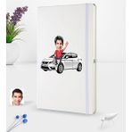 BK Kişiye Özel Plakalı Erkek Seat Leon Karikatürlü Beyaz Termo Deri Defter 16X24CM Model 1