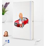 BK Kişiye Özel Plakalı Kadın Audi A3 Karikatürlü Beyaz Termo Deri Defter 16X24CM Model 1