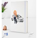 BK Kişiye Özel Plakalı Kadın Honda Jazz Karikatürlü Beyaz Termo Deri Defter 16X24CM Model 1