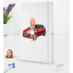 BK Kişiye Özel Plakalı Kadın Hyundai I20 Karikatürlü Beyaz Termo Deri Defter 16X24CM Model 1