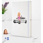 BK Kişiye Özel Plakalı Kadın Seat Leon Karikatürlü Beyaz Termo Deri Defter 16X24CM Model 2