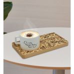 BK Kişiye Özel Retro Motif Tasarımlı Doğal Ahşap Tabaklı Seramik Fincan Sunum Seti Model 3