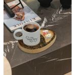 BK Kişiye Özel Retro Motif Tasarımlı Doğal Ahşap Tabaklı Türk Kahvesi Fincanı Sunum Seti Model 16 - Beyaz