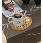 BK Kişiye Özel Retro Motif Tasarımlı Doğal Ahşap Tabaklı Türk Kahvesi Fincanı Sunum Seti Model 3 - Beyaz