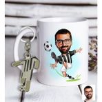 BK Kişiye Özel Siyah-Beyaz Futbolcu Karikatür ve Formalı Metal Anahtarlık Hediye Seti