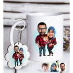 BK Kişiye Özel Tesettürlü Aile Karikatürlü Beyaz Kupa ve Anahtarlık Hediye Seti-2