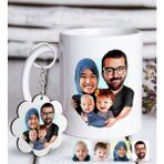 BK Kişiye Özel Tesettürlü Aile Karikatürlü Beyaz Kupa ve Anahtarlık Hediye Seti-4