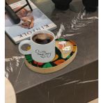 BK Kişiye Özel Yapraklar Tasarımlı Doğal Ahşap Tabaklı Türk Kahvesi Fincanı Sunum Seti Model 7 - Beyaz