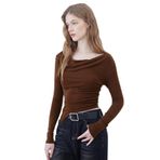 BKEPDY Kadın uzun kollu tişört Y2K Slim Fit üst parça yuvarlak yaka streç uzun kollu üst giyim tişörtler gündelik basic Crop Tops bluz kadın kız sokak giyimi, Kahverengi, L