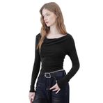 BKEPDY Uzun kollu tişört, kadın, omzu açık, uzun kollu tişört, yuvarlak yaka, Y2K, tek renkli, bluz, üst parça, dar kesim, basic gündelik, seksi, Crop Top kazak, tunik, tişört, üst, Siyah, L