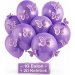 Bkmc Party Soft 3D Kelebekli Balon Seti – 10 Balon + 20 Kelebek Doğum Günü Parti Seti Süsü - Mor