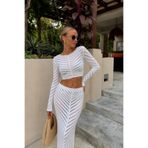 Black Fashion Örgü Desen Crop Bluz Maxi Etek İkili Beyaz Triko Takım