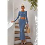 Black Fashion Örgü Desen Crop Bluz Maxi Etek İkili Mavi Triko Takım