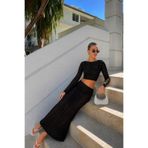 Black Fashion Örgü Desen Crop Bluz Maxi Etek İkili Siyah Triko Takım