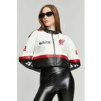 Black Level Kadın Deri Oversize Baskılı Motorcu Montu Garnili Kolej Mont Yarışçı Montu Motorcu Ceketi Kırmızı