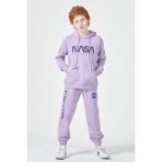Black One Unisex Çocuk Lila Nasa Baskı Detaylı Oversize Kapüşonlu Eşofman Takımı - 10 - 11 Yaş - Siyah