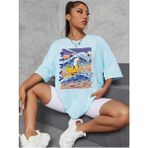 Black Sokak Blacksokak Kadın Bebe Mavi Japon Ördek Baskılı Oversize Bisiklet Yaka T-Shirt - Bebe Mavisi