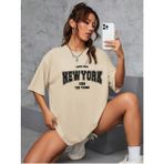 Black Sokak Blacksokak Kadın Bej New York Baskılı Oversize Bisiklet Yaka Tişört