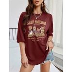 Black Sokak Blacksokak Kadın Bordo Keep Smılıng Baskılı Oversize Bisiklet Yaka Tişört