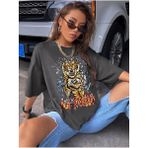 Black Sokak Blacksokak Kadın Koyu Gri Kaplan Baskılı Oversize Bisiklet Yaka T-Shirt - M