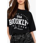 Black Sokak Blacksokak Kadın Siyah Usa Brooklyn Göğüs Baskılı Oversize Bisiklet Yaka T-Shirt - XL