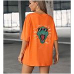 Black Sokak Kadın Turuncu Dinozor Baskılı Oversize Bisiklet Yaka T-Shirt - M