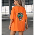 Black Sokak Kadın Turuncu Dinozor Baskılı Oversize Bisiklet Yaka T-Shirt