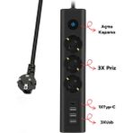 Blackbird Game Center Akım Korumalı Priz 3'lü Priz 3x USB Girişi 1x Type-C Girişi 2 mt Kablo Grup Priz Ftr-13 - Siyah