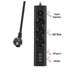 Blackbird Game Center Fulltech Ftr-13 Akım Korumalı Priz 3'lü Priz 3x Usb Girişi 1x Type-c Girişi 2mt Kablo Grup Priz
