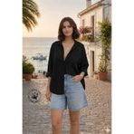 blackbonds Kadın Oversize Siyah Keten Gömlek-Yaz Koleksiyonu