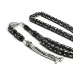Blackcraft Oltu Taşı Silindir Kesim Gümüş İşlemeli Tespih