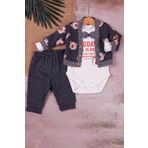 Blackruby Papyonlu Bear Çizgili Model Ceketli 3'lü Erkek Bebek Takımı Siyah - 6-9 AY