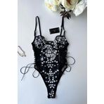 Blair Premium Siyah Beyaz Çiçekli Pullu Çıtçıtlı Balenli Büstiyer