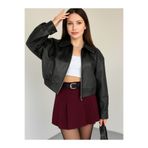 Blanco Kadın Yeni Sezon Siyah Oversize Biker Crop Bomber Deri Ceket