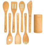 BlauKe Bambu Mutfak Eşyaları 8'Li Seti - Tahta Spatula, Kaşık, Çatal, Torna Makinesi, Mutfak Maşası, Kap Tutucu - Yapışmaz Tencere Için Ahşap Pişirme Kapları - Mutfak Aletleri, Yemek Pişirmek Için Tahta Kaşıklar