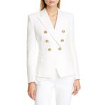 Blazer kadınlar için kısa yaka yaka uzun kollu takım elbise ceket açık ön çift göğüslü düğme ceket düz renk rahat iş ofis blazer, beyaz, L