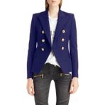 Blazer kadınlar için kısa yaka yaka uzun kollu takım elbise ceket açık ön çift göğüslü düğme ceket düz renk rahat iş ofis blazer, koyu mavi, M
