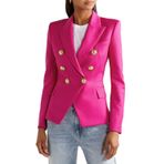 Blazer kadınlar için kısa yaka yaka uzun kollu takım elbise ceket açık ön çift göğüslü düğme ceket düz renk rahat iş ofis blazer, pembe kırmızı, XL