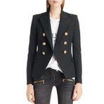 Blazer kadınlar için kısa yaka yaka uzun kollu takım elbise ceket açık ön çift göğüslü düğme ceket düz renk rahat iş ofis blazer, siyah, S