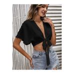 blck & premium Önden Bağlama Detaylı Trend Tshirt/Bluz Ayrobin Kumaş - DO202685002