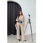 Bliss Kadın Kot Detaylı Alt Üst Bej Eşofman Takımı Oversize Bol Paça