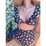 Blotch Siyah Beyaz Puantiyeli Omuzu Fırfırlı Yüksek Bel Bikini Takımı