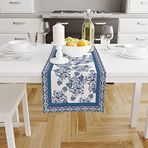 Blue Flowers Runner-TR104, 140x45cm (İnce Keten, Uluslararası Yıkama Ve Solmama Sertifikası)