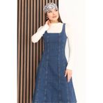 BLUE NATIONAL JEANS Nova Midi Boy Klasik Mavi Askılı Kadın Kot Elbise BNJ-4993