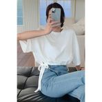 BLUE STREET Kadın Basic Oversize Beyaz Tişört Yan Bağlamalı Rahat Günlük T-Shirt