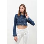 Blue White Kadın Püsküllü Crop Jean Ceket - XS - Mavi