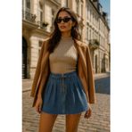 Blue White Kadın Şık Pileli Yazlık Mini Jean Etek