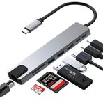 blueteknolojim,8ın1 Usb Type-c Hub Port Adaptör Hdmi Usb Ethernet Pd Girişli, Gri